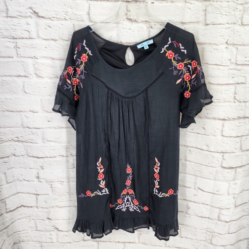 Boho Embroidered Mini Dress Large Festival Hippie Ruffle Dainty Dark Cottage